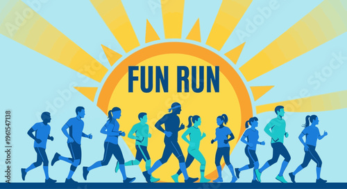 Joyful Marathon: Energetic Silhouette Group Running Towards the Sunrise for an Outdoor Event