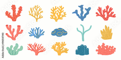 Colorful coral reef illustration featuring diverse shapes and vibrant hues