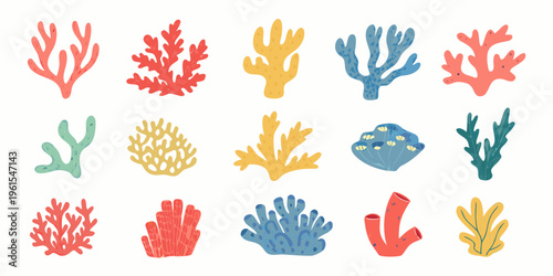 Colorful coral reef illustration featuring diverse shapes and vibrant hues