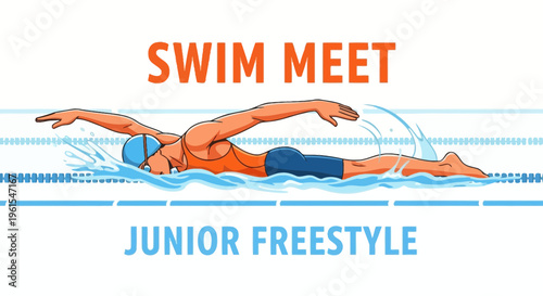 Junior Swimmer Competes in Freestyle Event, Illustrated with Swim Meet Graphic Design