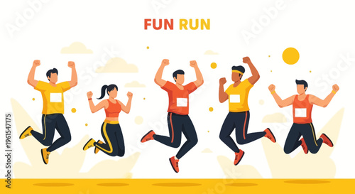 Joyful Participants Celebrating A Fun Run During A Community Sports Event In Colorful Uniforms