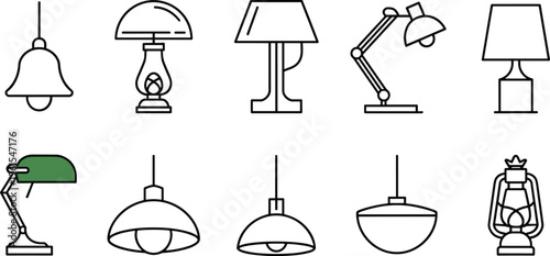 Lamp icons collection with table desk and hanging lights isolated on white background, lighting, home decor, interior, illumination design