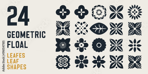A collection of stylized geometric floral shapes and the number twenty four