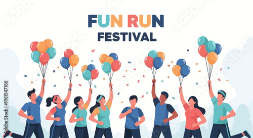 Joyful Participants Celebrating A Fun Run Festival With Colorful Balloons And Excitement