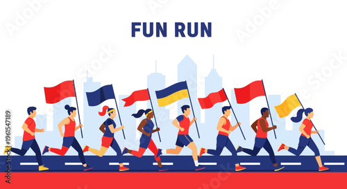 Joyful Participants Holding Flags Running In A Fun Run Event With Urban Backdrop