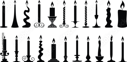 Candle silhouettes collection with decorative wax candles and flame shapes isolated on white background, romantic, light, vintage, decoration concept