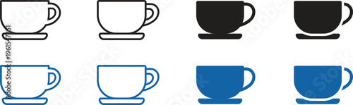 Coffee cup icons in black and blue colors featuring outline and solid styles with saucers for cafe menus restaurant branding morning drink break espresso tea and cafeteria signage elements.