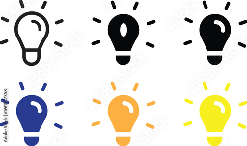Idea light bulb icon collection including linear black blue orange and yellow versions with shining rays representing creativity innovation thinking solution brain power and bright thoughts.