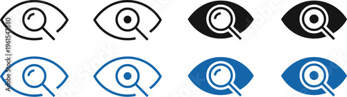 Search and find eye icons with magnifying glass lens in black and blue colors featuring outline and silhouette styles for data analysis investigation vision testing and tracking monitoring.