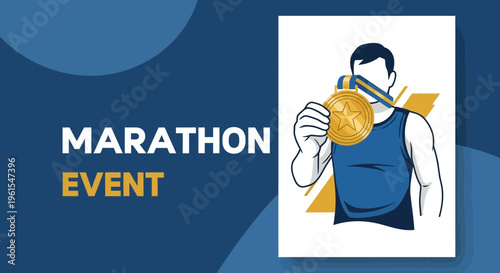 Marathon Event Victory Celebration With Gold Medal And Athletic Figure