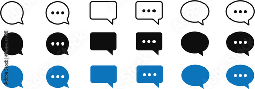 Chat bubble vector icon set collection showing speech dialogs and message symbol illustration, black outline and solid color versions, transparent background.