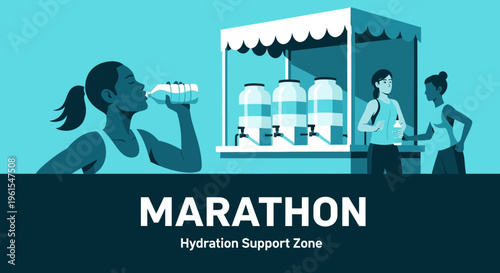 Marathon Hydration Station Scene Featuring Runners and Water Bottles for Physical Activity