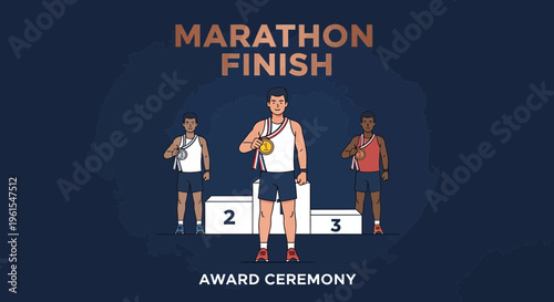 Marathon Finishers Celebrate Their Victory at Award Ceremony With Podium and Medals