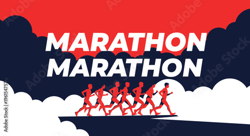 Marathon Runners in Bold Design Illustrating Endurance and Sportsmanship in Red and Blue Colors