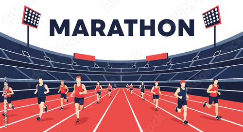 Marathon Race In Stadium With Runners And Spectator Stands Illustration