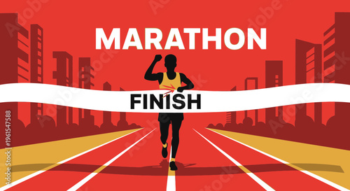 Marathon Runner Breaking The Finish Line Tape In A City Silhouette