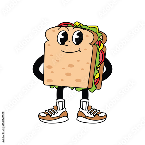 Cartoon sandwich character with a happy face and sneakers.