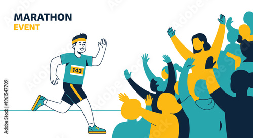 Marathon Runner Waving Towards Cheering Crowd During the Athletic Event Illustration