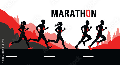 Marathon Runners Silhouettes Compete Against Red Landscape For Winning The Race