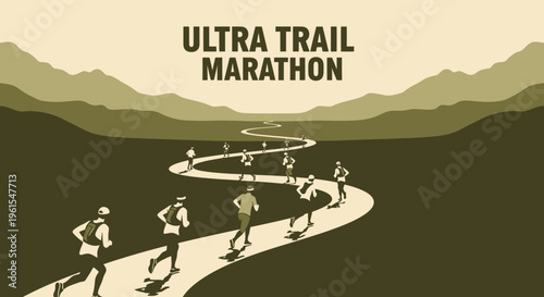 Marathon Runners Trail Challenge In Mountainous Landscape During Ultra Trail Event