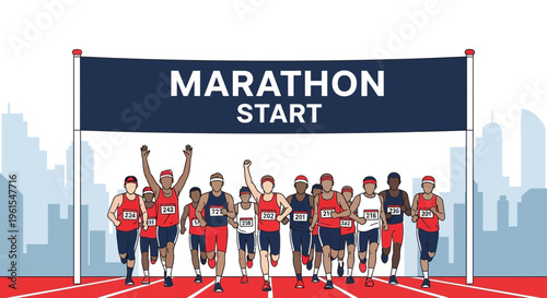 Marathon Runners At The Starting Line Ready To Race Towards The Finish Line In A Big City