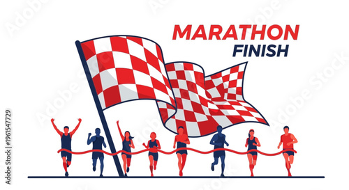Marathon Runners Crossing Finish Line With Red Checkered Flags Achieving Success
