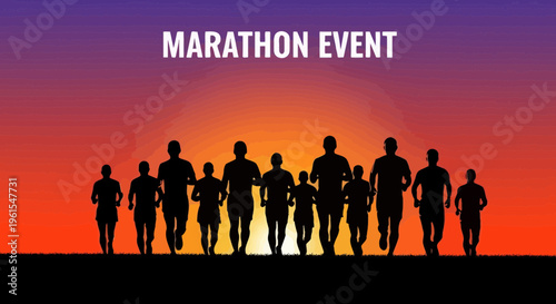 Marathon Runners Silhouette Against Vibrant Sunset Sky During Competitive Race