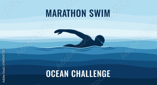 Marathon Swim Ocean Challenge Depicting Swimmer Silhouette in Deep Blue Water, Overcoming Obstacles