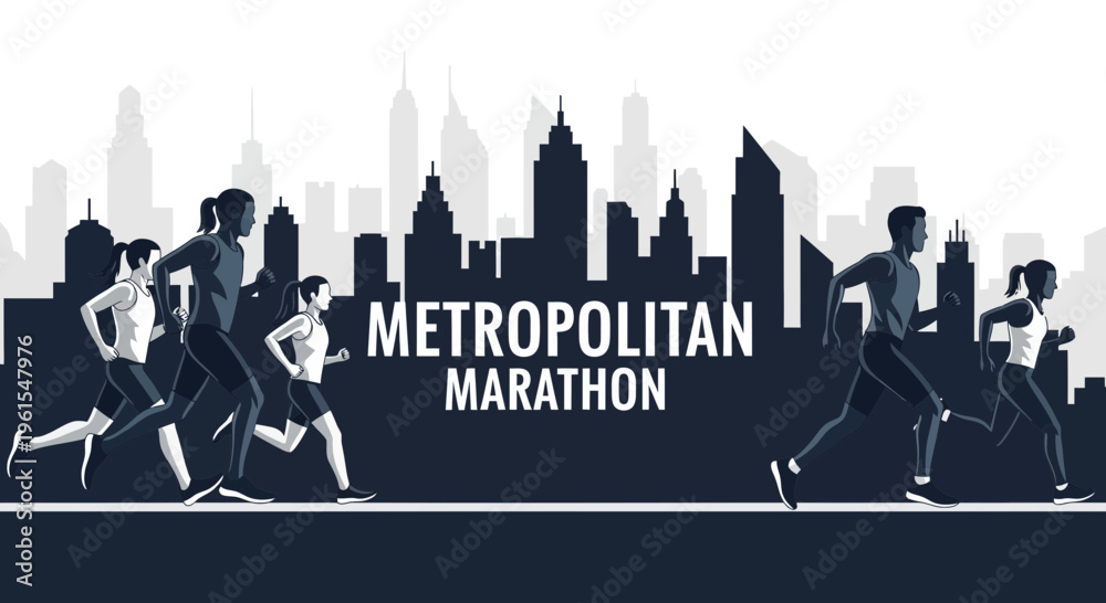 Fototapeta premium Metropolitan Marathon: Runners Striving Towards Finish Line Against City Skyline