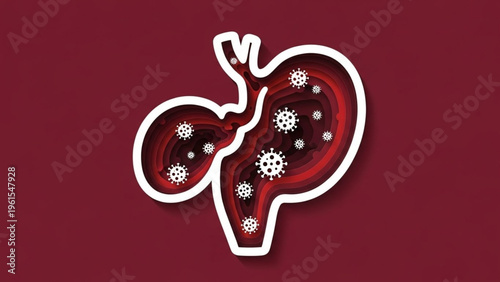 Illustrative representation of the digestive system with viral particles, depicting internal health and potential infection