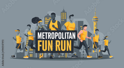 Metropolitan Fun Run Event Illustrates People Engaging In Urban Athletic Activities