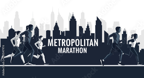 Metropolitan Marathon: Runners Striving Towards Finish Line Against City Skyline