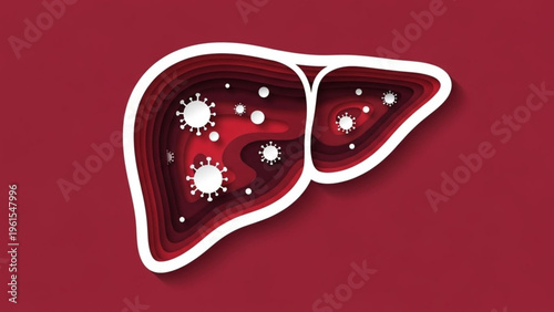 World Hepatitis Day Abstract layered illustration of liver with viral particles against a dark red background symbolizing health and illness