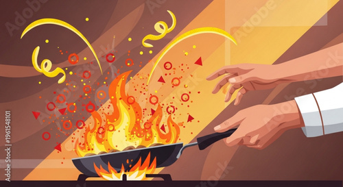 Chef cooking with flaming pan culinary art kitchen fire flames heat cooking technique culinary skills food preparation kitchen action hot