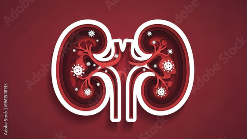 World Kidney Day Conceptual paper-cut style illustration depicting human kidneys with viral infections, symbolizing the impact of pathogens on renal health and complex biological challenges