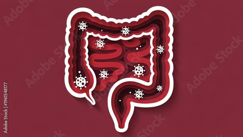 World Digestive Health Day Detailed paper cut illustration showing a human large intestine affected by viruses, symbolizing gut health problems, infection, and disease in the digestive system