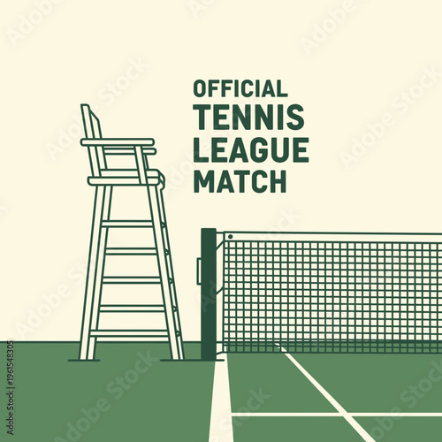 Minimalist Illustration Depicting Official Tennis League Match Elements with Green Hues and Clean