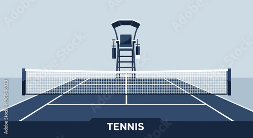 Minimalist Illustration of a Tennis Court and Referee Chair During a Match