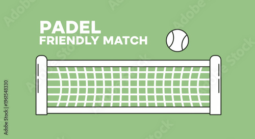 Minimalist Illustration of Padel Tennis Game, Green Background and Friendly Match Text