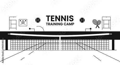 Minimalist Illustration of Tennis Court, Training Camp and Sport Recreation on White Background