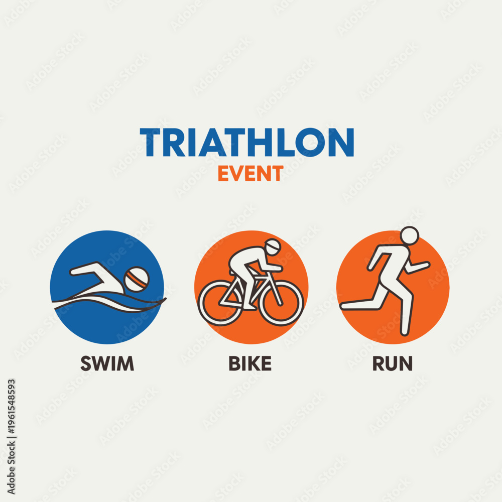 Obraz premium Minimalist Triathlon Event Icon Set: Swim, Bike, and Run Pictograms on White Background