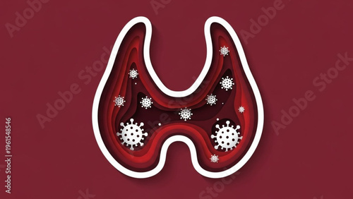 Representation of the thyroid gland with viral particles, symbolizing the impact of infection on this endocrine organ and its potential health consequences