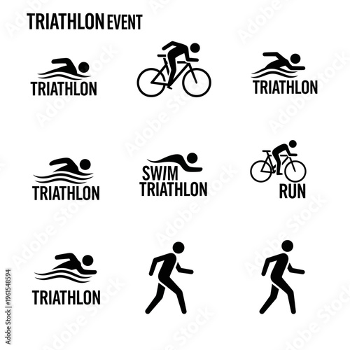 Minimalist Triathlon Event Icon Set Illustrating Swimming, Cycling, and Running Stages