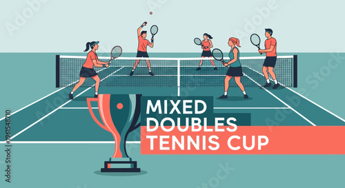 Mixed Doubles Tennis Cup: Sportive Competition Featuring Players In Action and Trophy