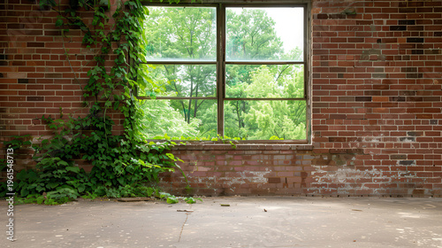 Vines climb brick walls beside a large window