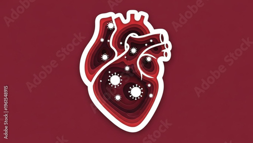 Artistic layered paper-cut heart illustration featuring viral cell elements, representing cardiac health, disease, and medical concepts