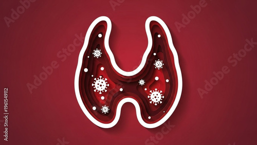 Thyroid illustration showing autoimmune disease with virus particles and inflammation, abstract representation of internal health and body immunity fighting illness
