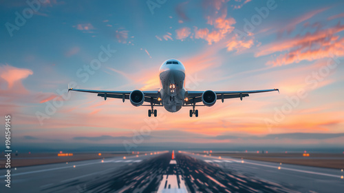 Airplane descends gently toward runway at sunset