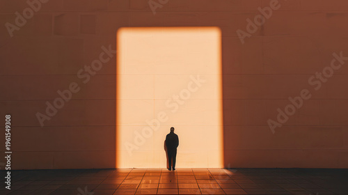 Silhouette stands at threshold, bathed in golden light