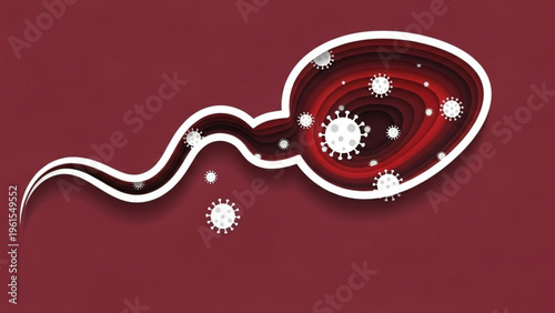 Stylized illustration depicting sperm cells infected with viruses, conceptualizing a disease affecting reproduction or genetic material, presented in a graphic artistic style